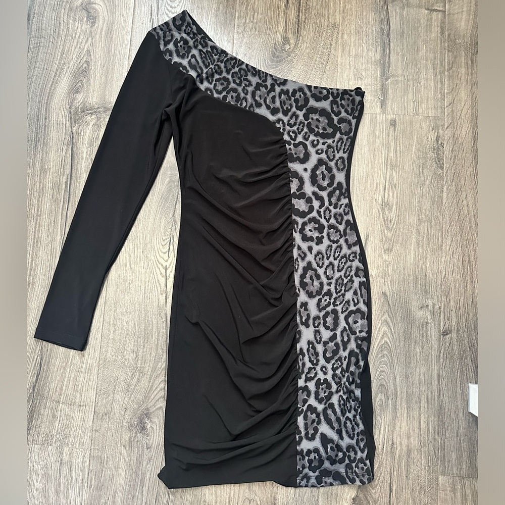 Mandee - One Shoulder Long Sleeve Black Dress with Leopard Print - Size M